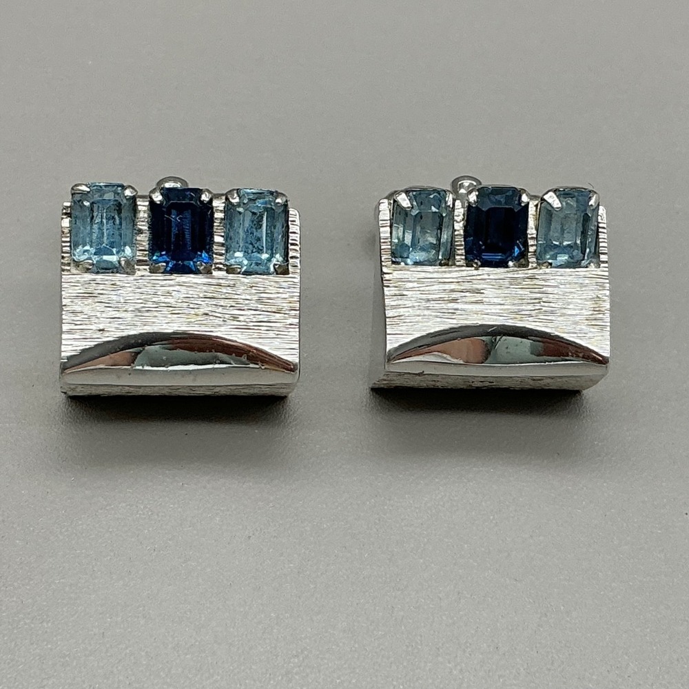 Vintage Blue Rhinestone Silver Tone Cufflinks Mid Century Modern Formal Mens
